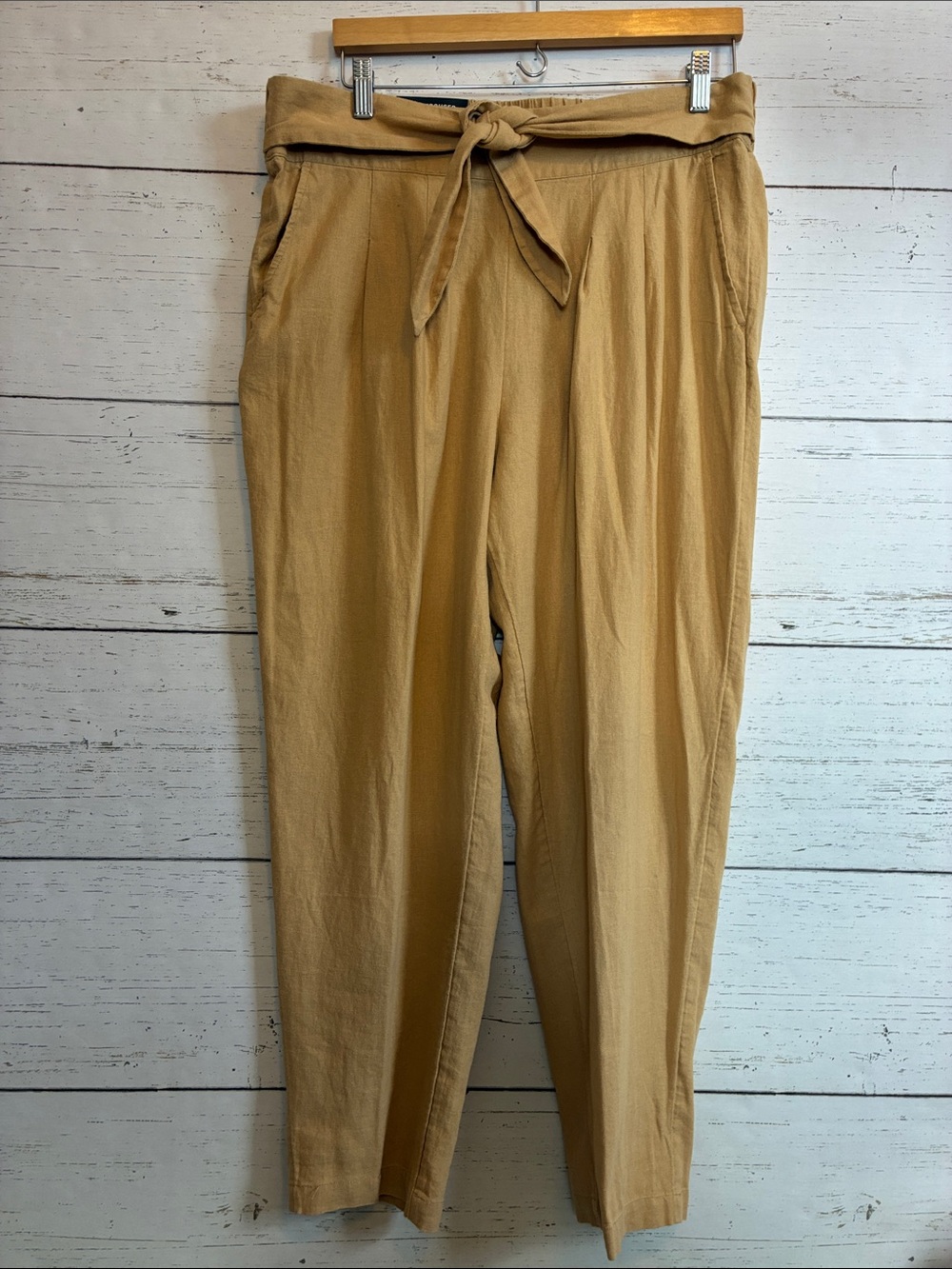 Who What Wear Tan Linen/Rayon Pull-On Trouser Pants w/ Tie Belt, size L, NWT